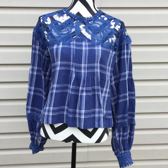 NWT Free People Blue Plaid Darling Diana Top - Picture 4 of 8